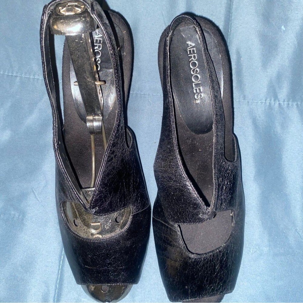Aerosoles Ginesis Black Leather Peep‑Toe Slingback Heels Size 11